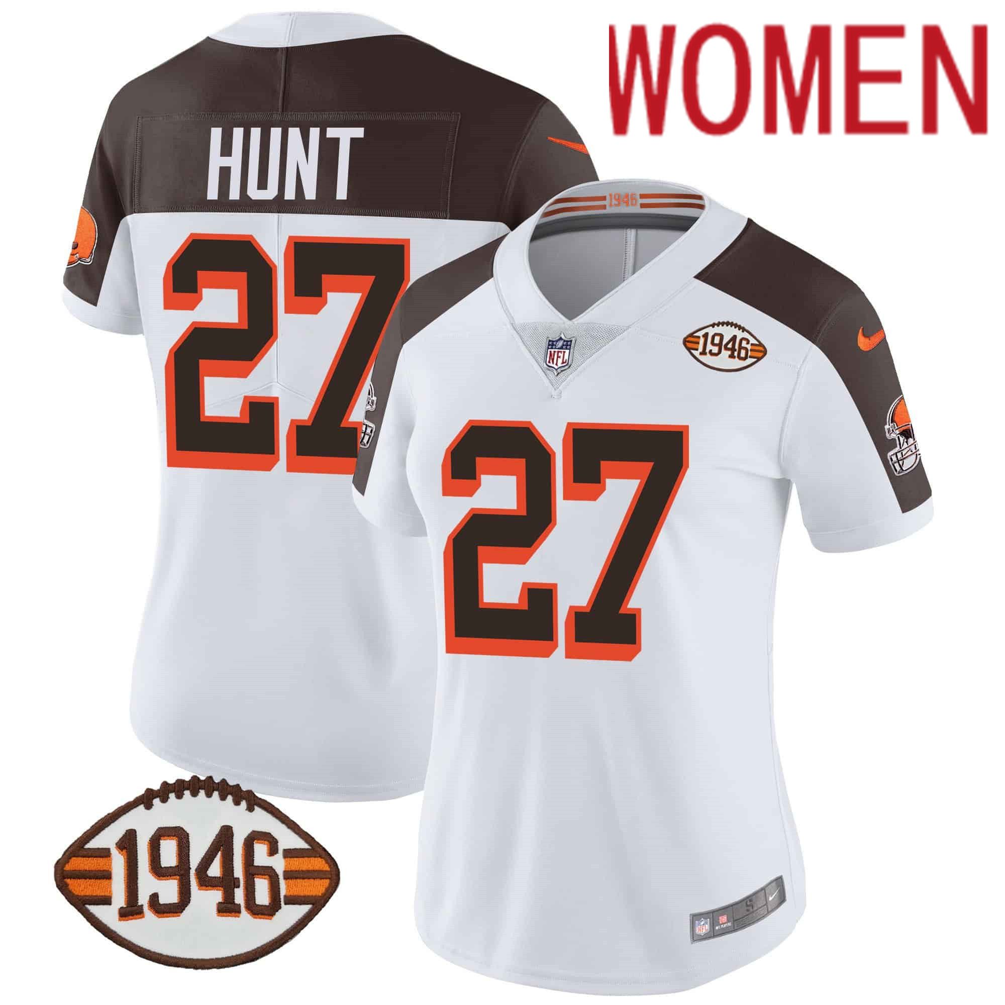 Women Cleveland Browns 27 Hunt White 1946 75th Anniversary Patch 2024 Nike NFL Jersey style 1
